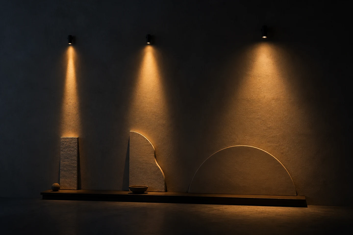 Three distinct architectural beam angles illuminating a textured wall